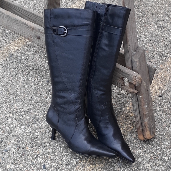 kitten heel tall leather boots